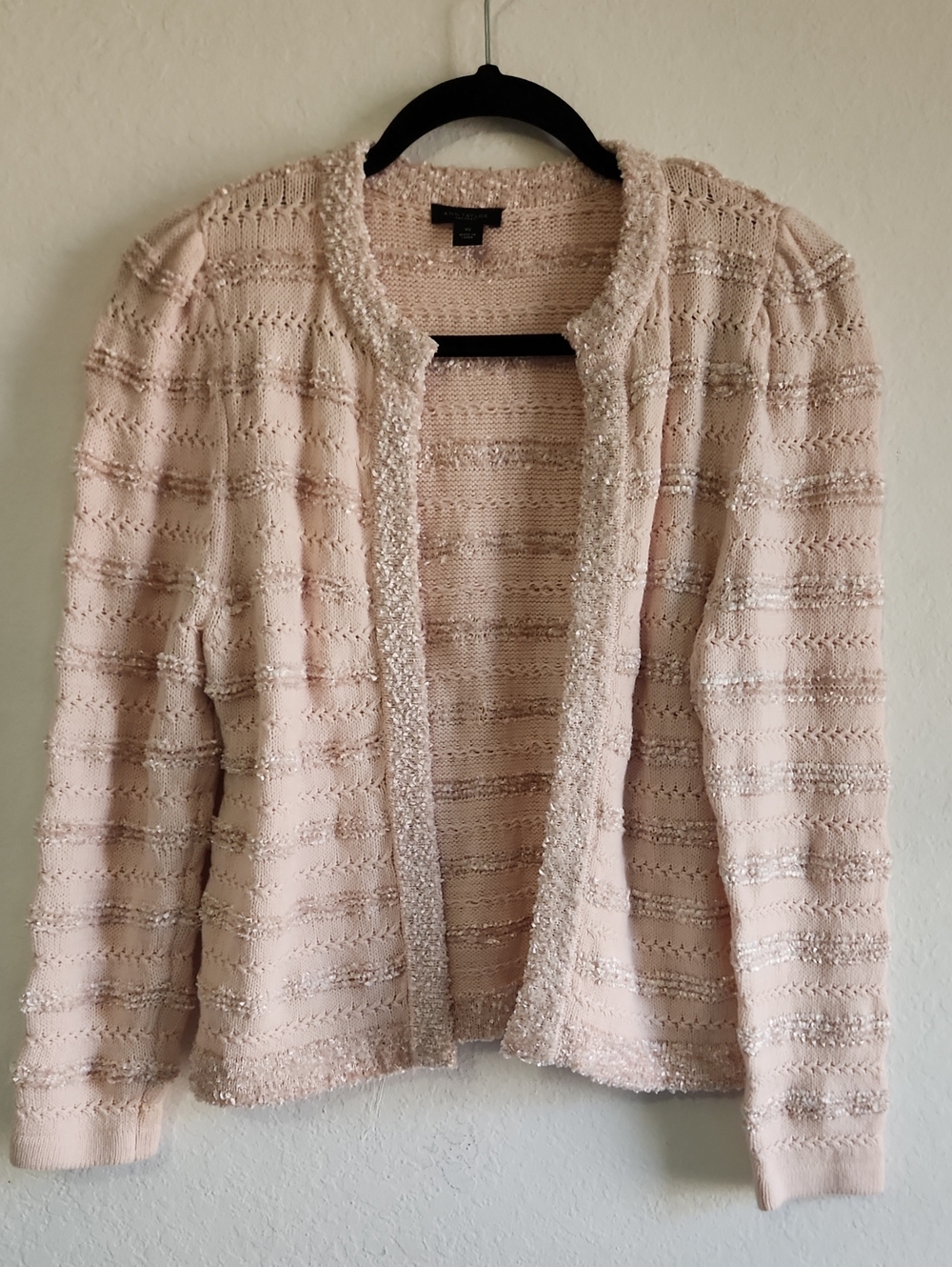 Coquette Business Casual Blush Pink Metallic Knit Cardigan Open Front XS